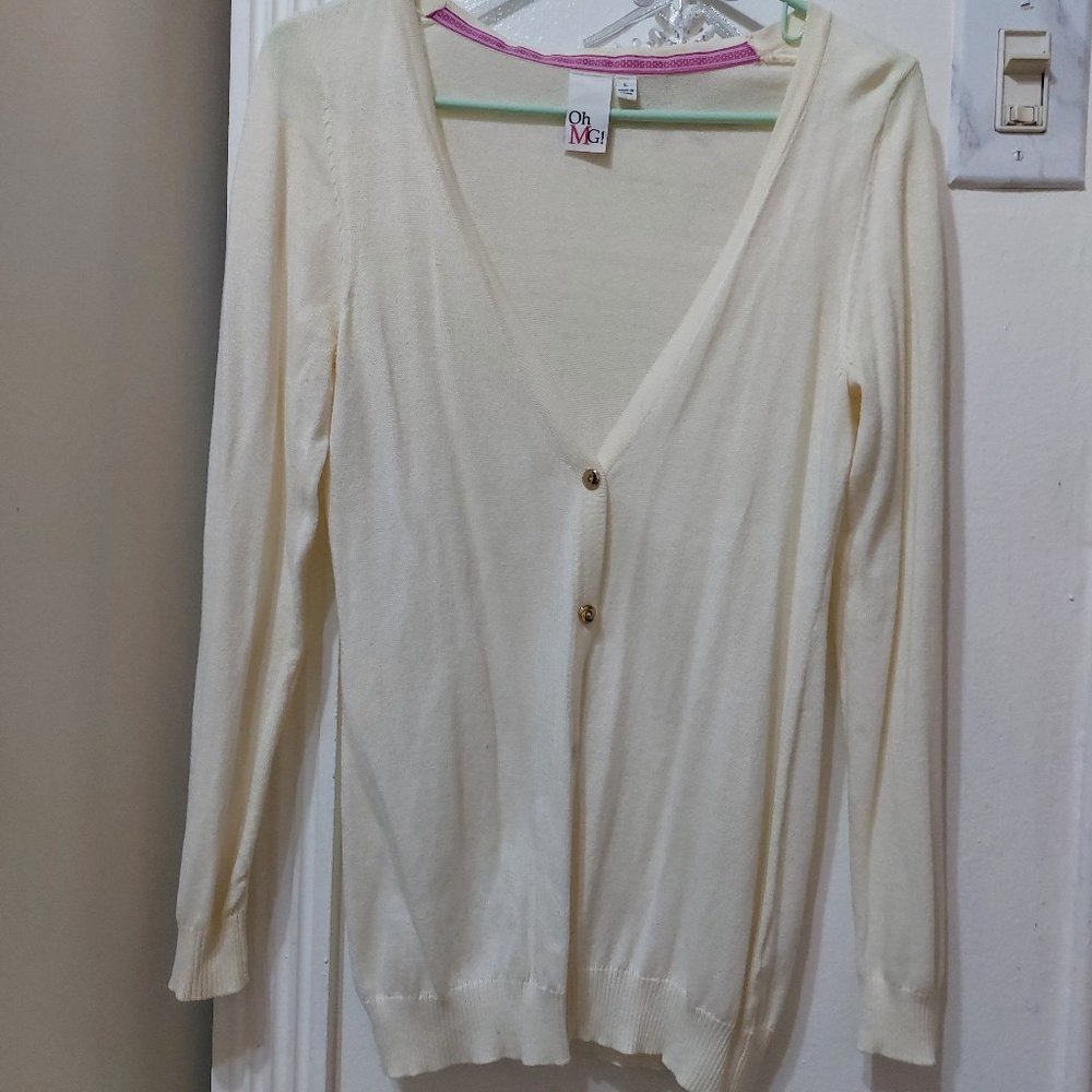 Ohmg Deep V White Cardigan Sweater White With Gold Buttons Large